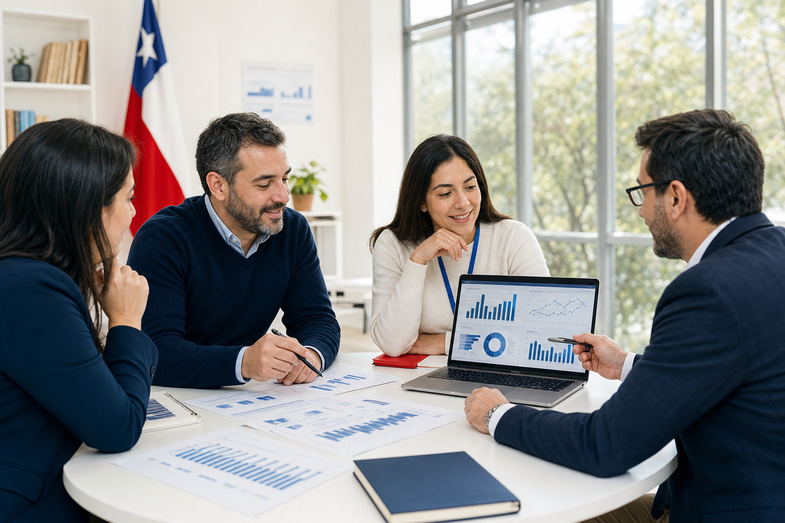Equipo directivo escolar analizando datos educativos junto a un consultor