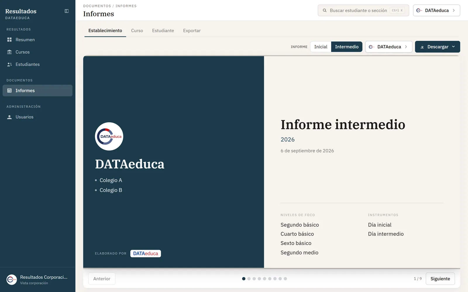 Sección Informes de Señales de Aula con la portada del informe intermedio de la corporación y sus colegios